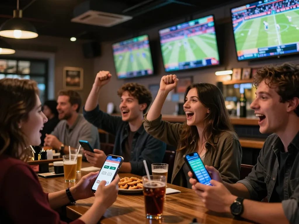 Excited individuals placing bets on kèo nhà cái hôm nay while cheering in a lively sports betting bar.