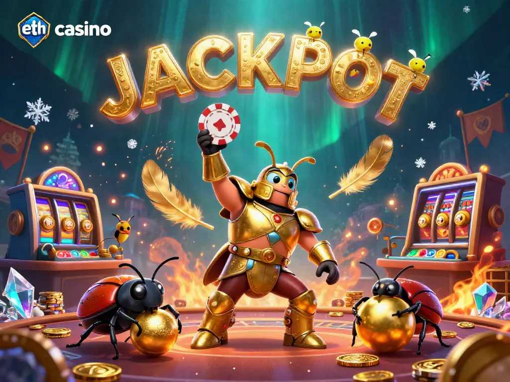 Celebrate wins at eth casino with a victorious beetle in vibrant casino chaos!