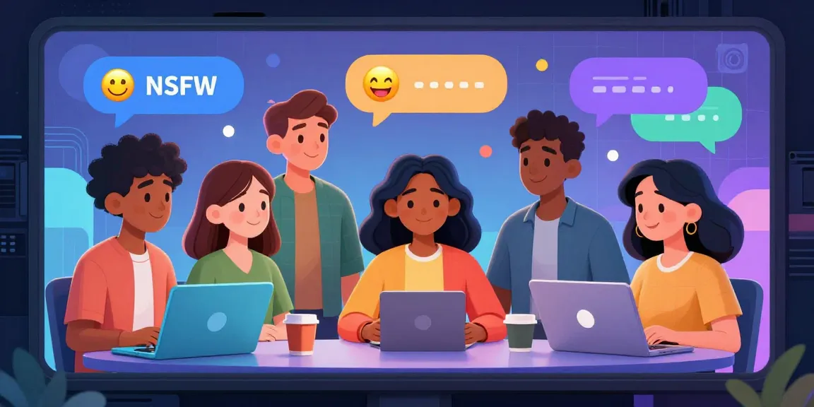 Interactive ai chat nsfw scene with diverse animated characters engaging in playful adult conversations within a futuristic digital interface.