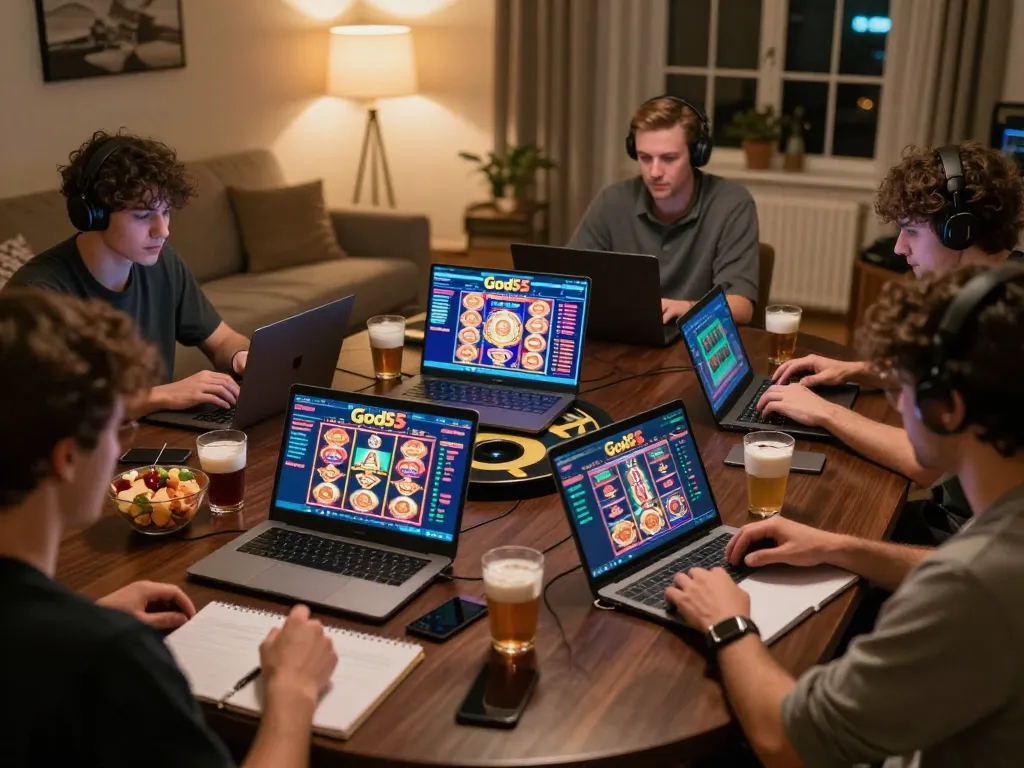 Engaged players enjoying the god55 casino online gaming experience on laptops and tablets in a cozy environment.