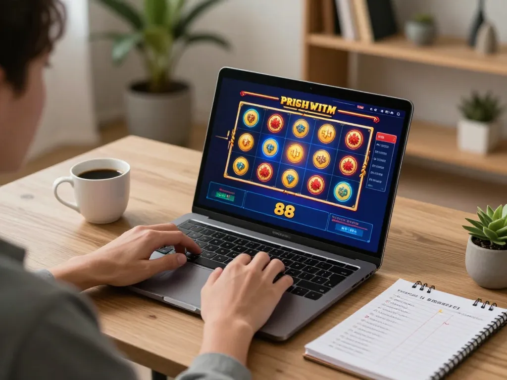 Enjoying fun88 online games on a laptop in a cozy home setting, showcasing strategic betting notes