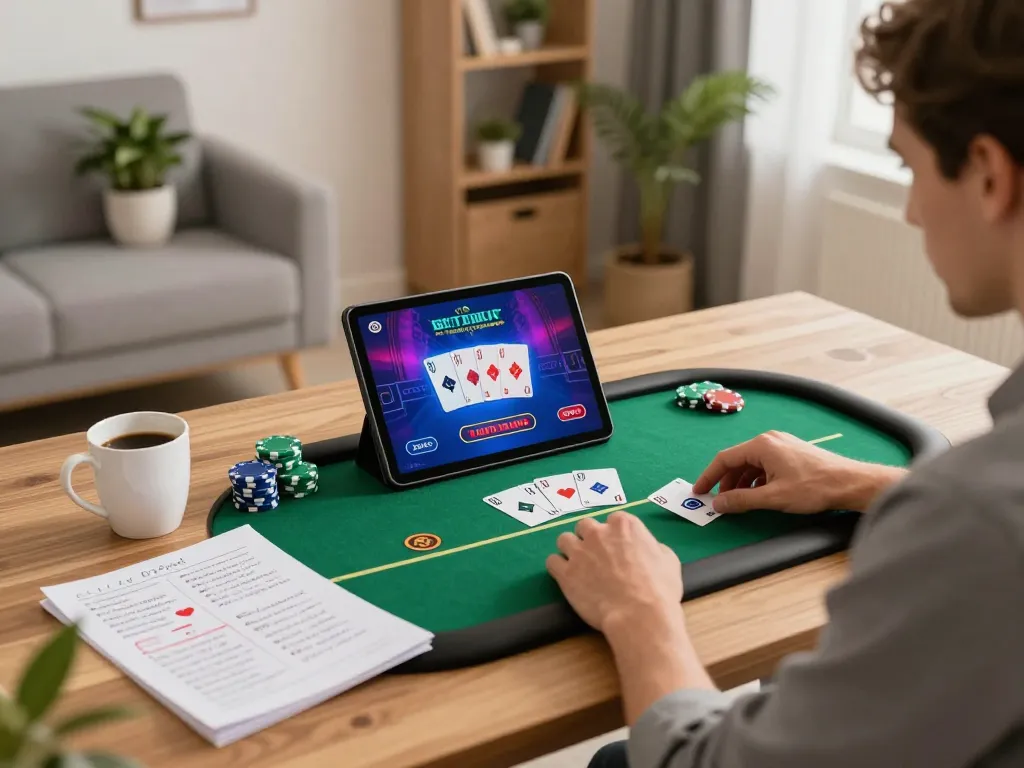 Player enjoying tr88 online poker on a tablet at home, highlighting strategic gameplay.