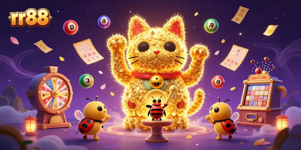 Experience winning thrills with rr88 as a golden lucky cat waves amidst vibrant casino symbols and lottery elements.