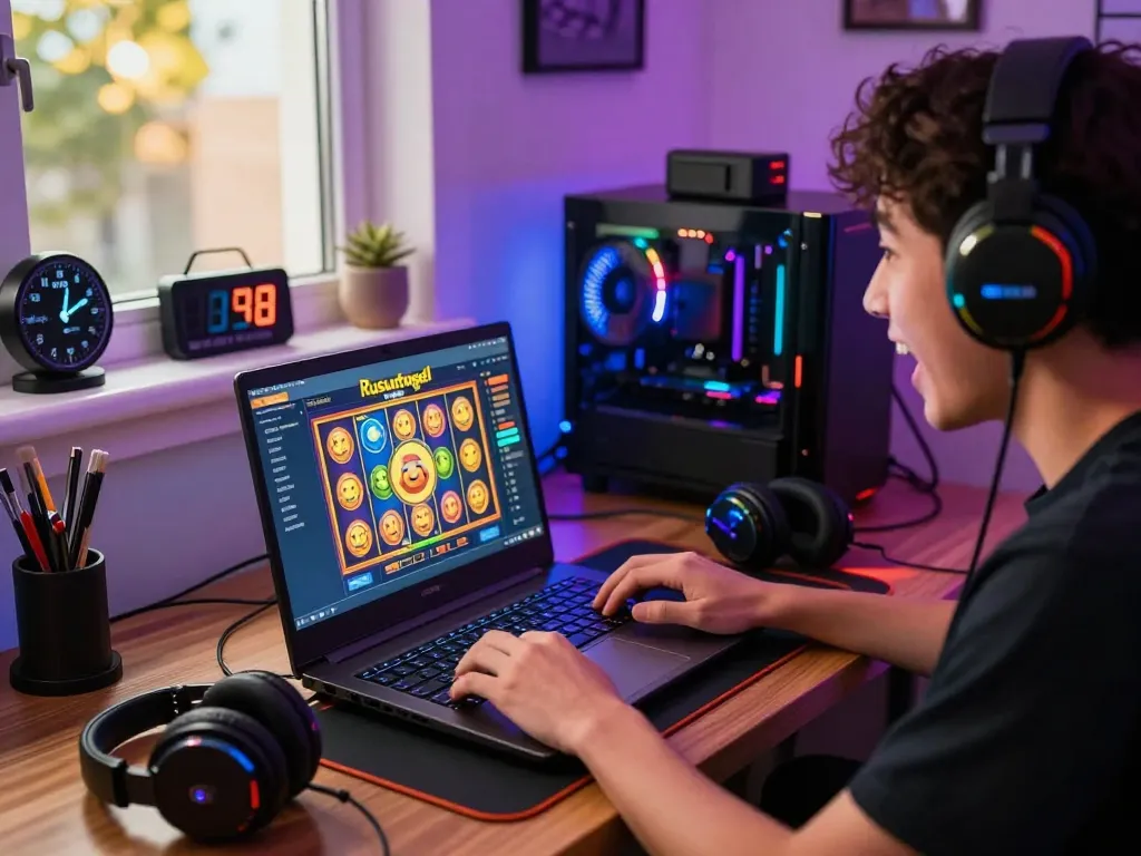 Player excitedly engaging with the rusuntogel platform in a vibrant gaming setup.