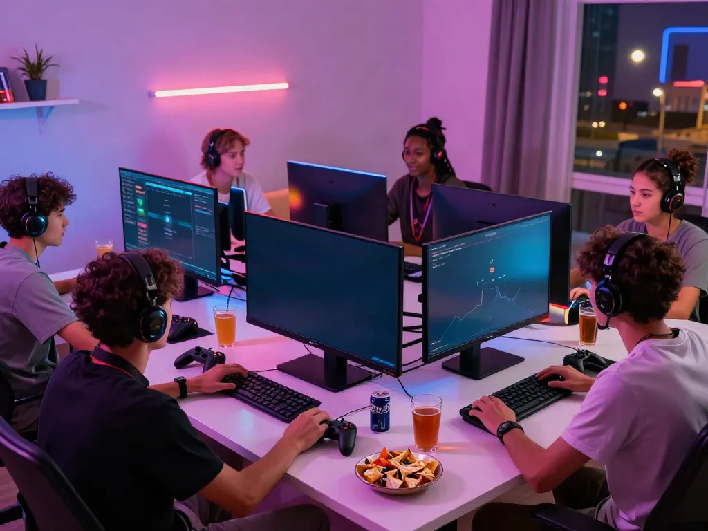 A80 gaming scene with friends enjoying multiplayer games in a vibrant environment.