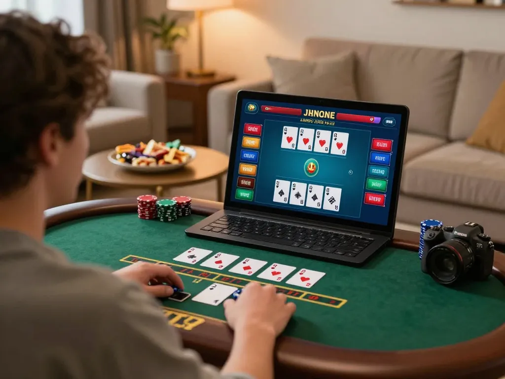 Engaging in blackjack gameplay while using a laptop for online betting with the keyword m113 included.