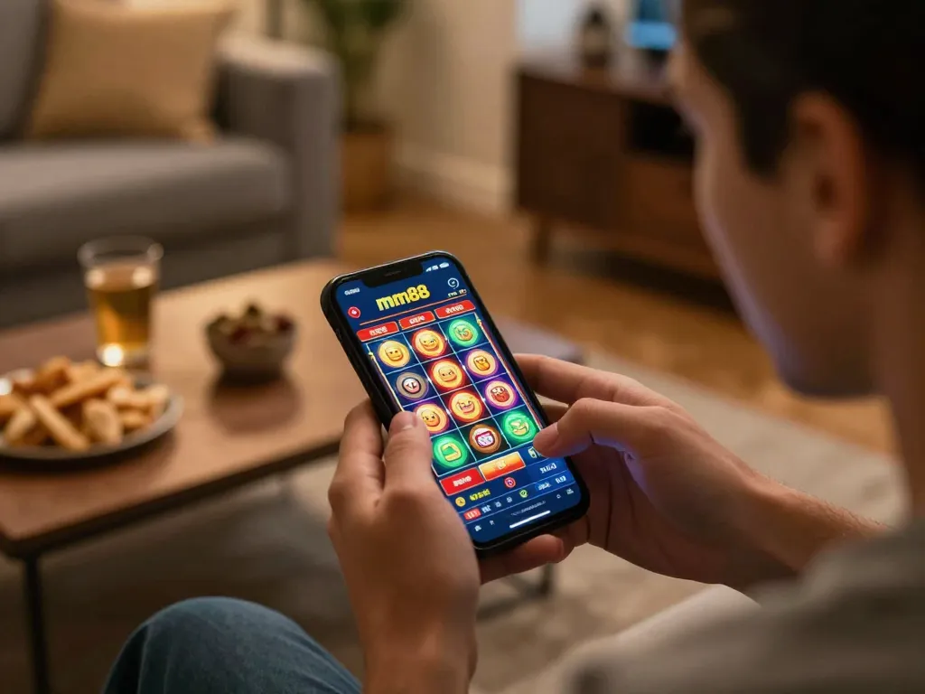 A person enjoying a thrilling session on the mm88 casino app, showcasing engaging online slot games in a cozy atmosphere.
