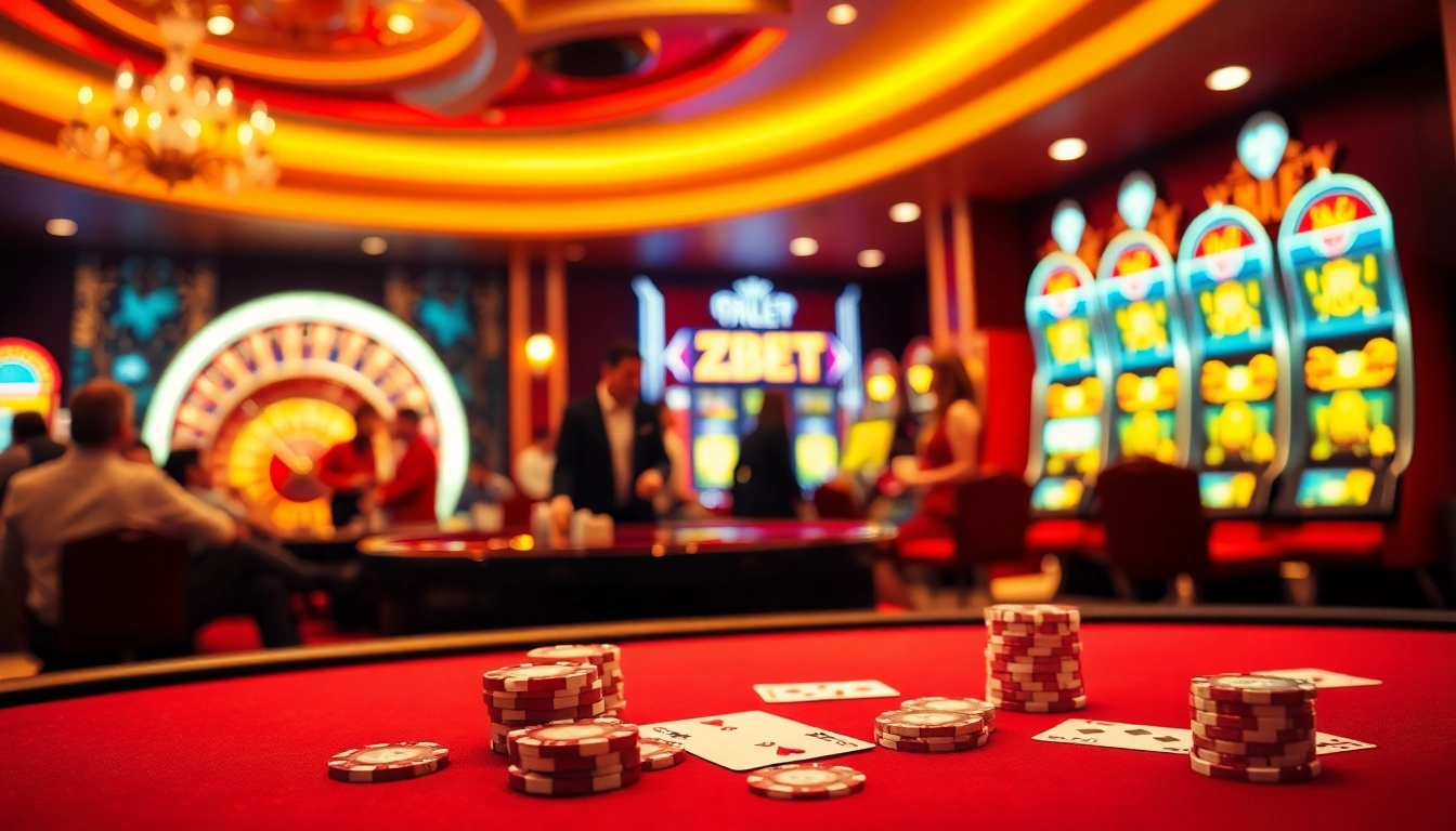 Experience the excitement at ZBET with a lively casino atmosphere showcasing vibrant games and players.