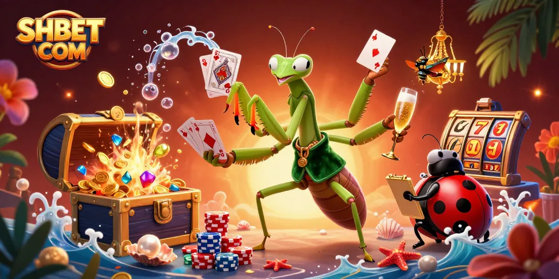 Experience exciting gaming at SHBET COM with a colorful, dynamic illustration showcasing casino elements and characters.