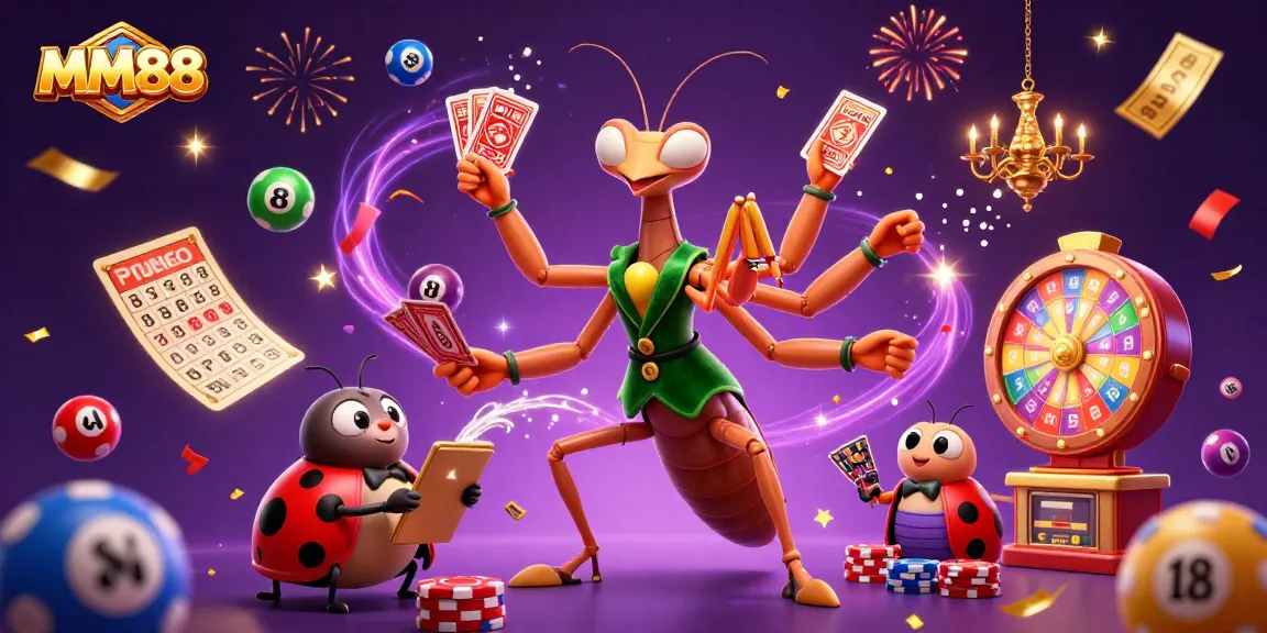 Engage in exciting gameplay at MM88 with vibrant lottery balls, a unique mantis dealer, and a ladybug pit boss.