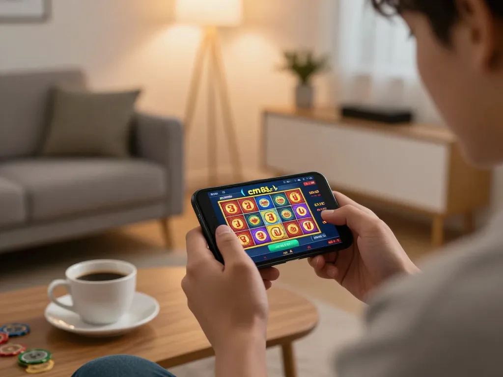 Engaged player enjoying slot games on cm88 com in a cozy home setting, smartphone in hand.