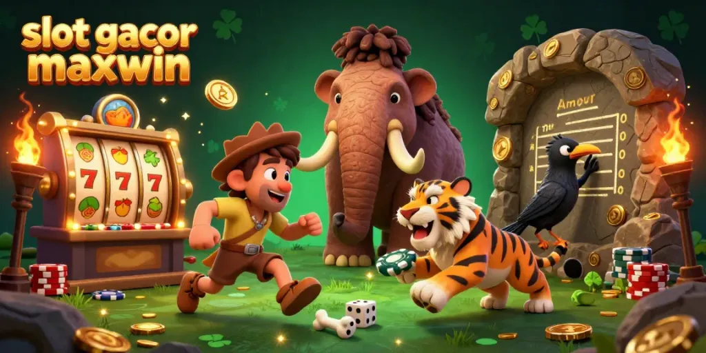 Menyambut keseruan bermain slot gacor maxwin dengan pemandangan kasino prasejarah yang menarik.