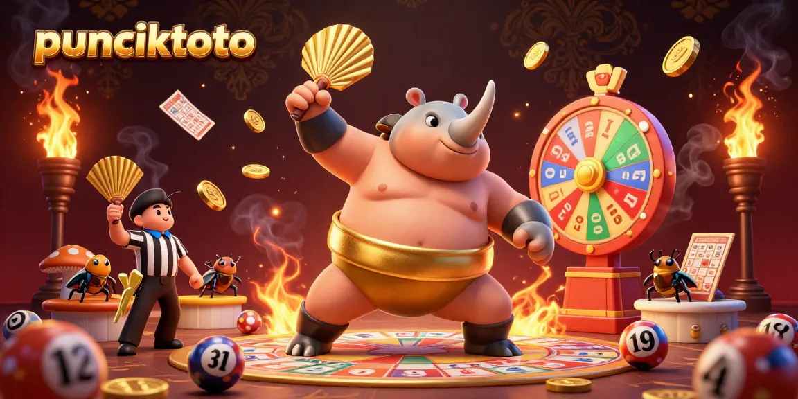 puncaktoto menampilkan kejuaraan sumo dengan badak kartun, dikelilingi bola lotere dan roda hadiah yang berputar