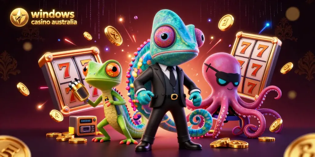 Experience thrilling action at the windows casino australia with vibrant cartoon characters and slot game elements.