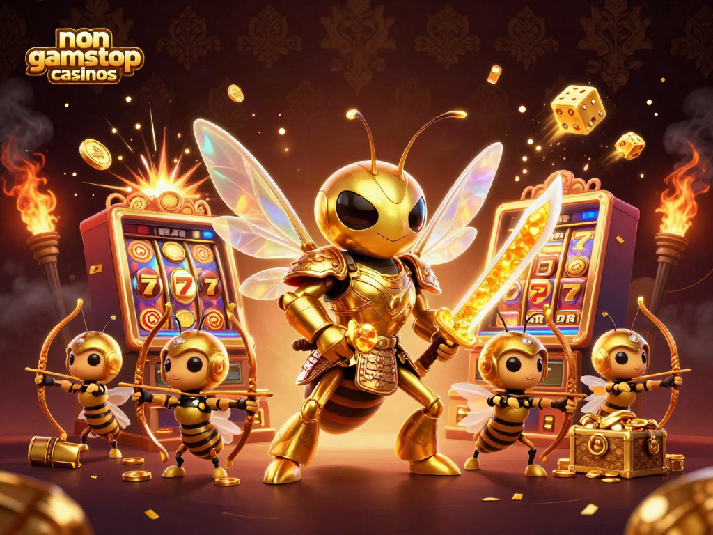 Engage with non gamstop casinos featuring vibrant 3D illustration of a golden hornet and casino elements.