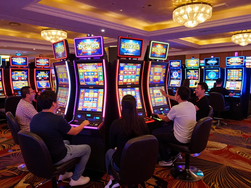 Players experiencing link slot machines amid vibrant casino energy, celebrating excitement through gameplay.