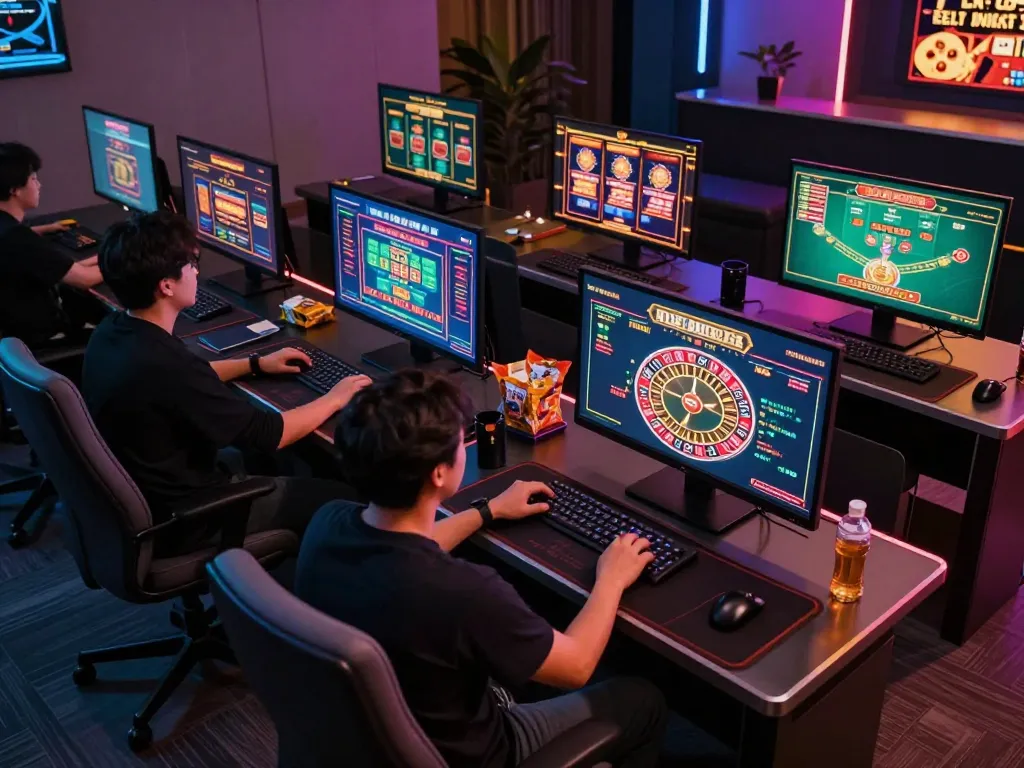 Engaged player enjoying gg88 online casino games on multiple screens in a stylish setup.