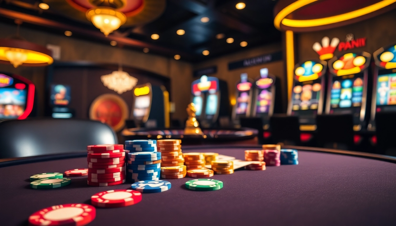 58win casino players enjoying vibrant poker game with chips and cards at a luxurious table.