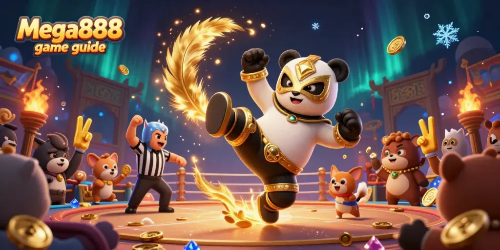 Engaging scene illustrating the Mega888 game guide with action characters and gaming elements.