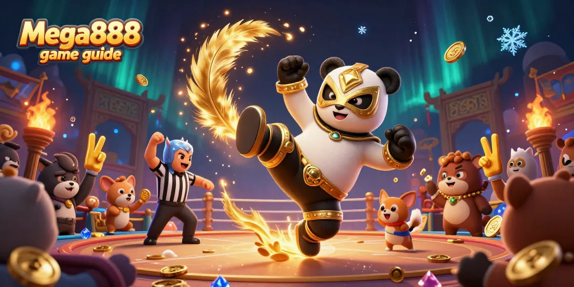 Engaging scene illustrating the Mega888 game guide with action characters and gaming elements.