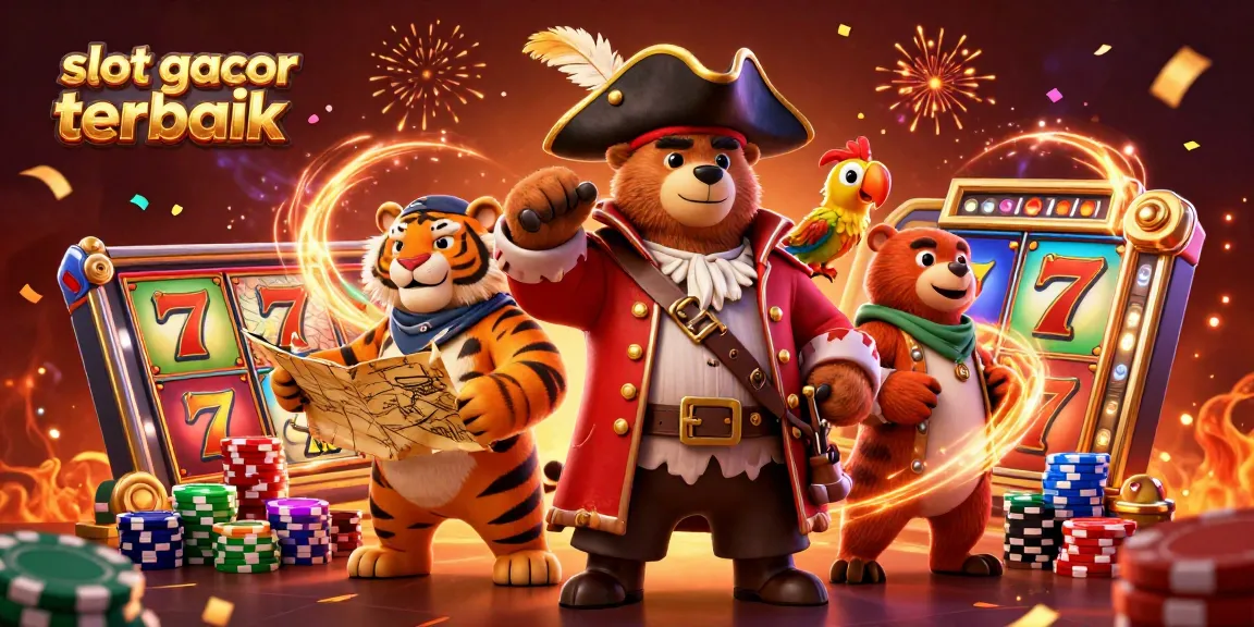 Pemain slot gacor terbaik merayakan kemenangan dengan karakter lucu di kasino, dikelilingi simbol jackpot.