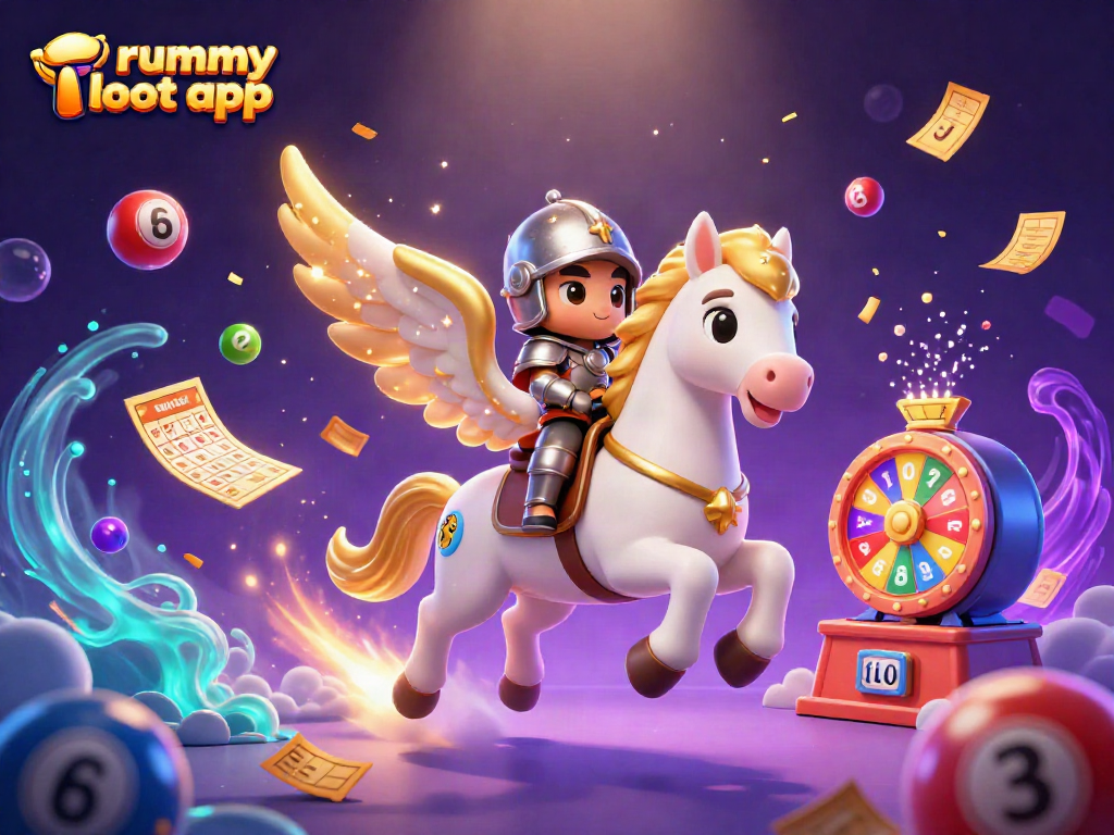Engage with the rummy loot app through a captivating 3D illustration showcasing a celestial horse and knight amidst vibrant game elements.
