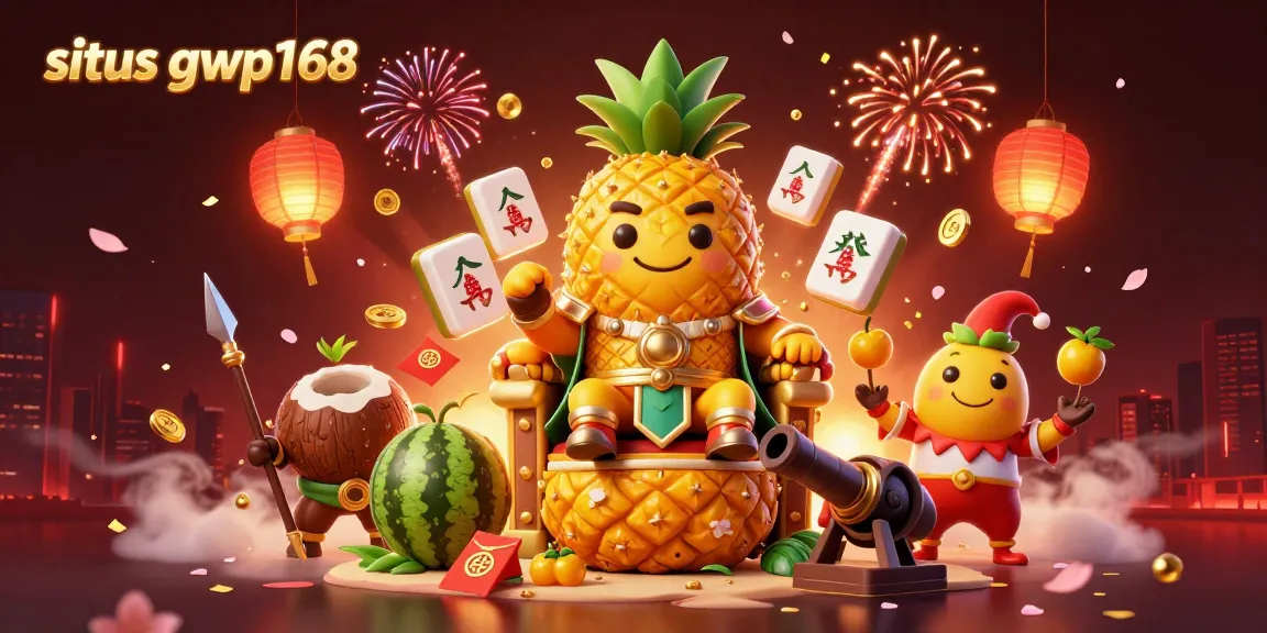 Ilustrasi 3D situs gwp168 yang menunjukkan raja nanas emas dan jester di kasino tropis.
