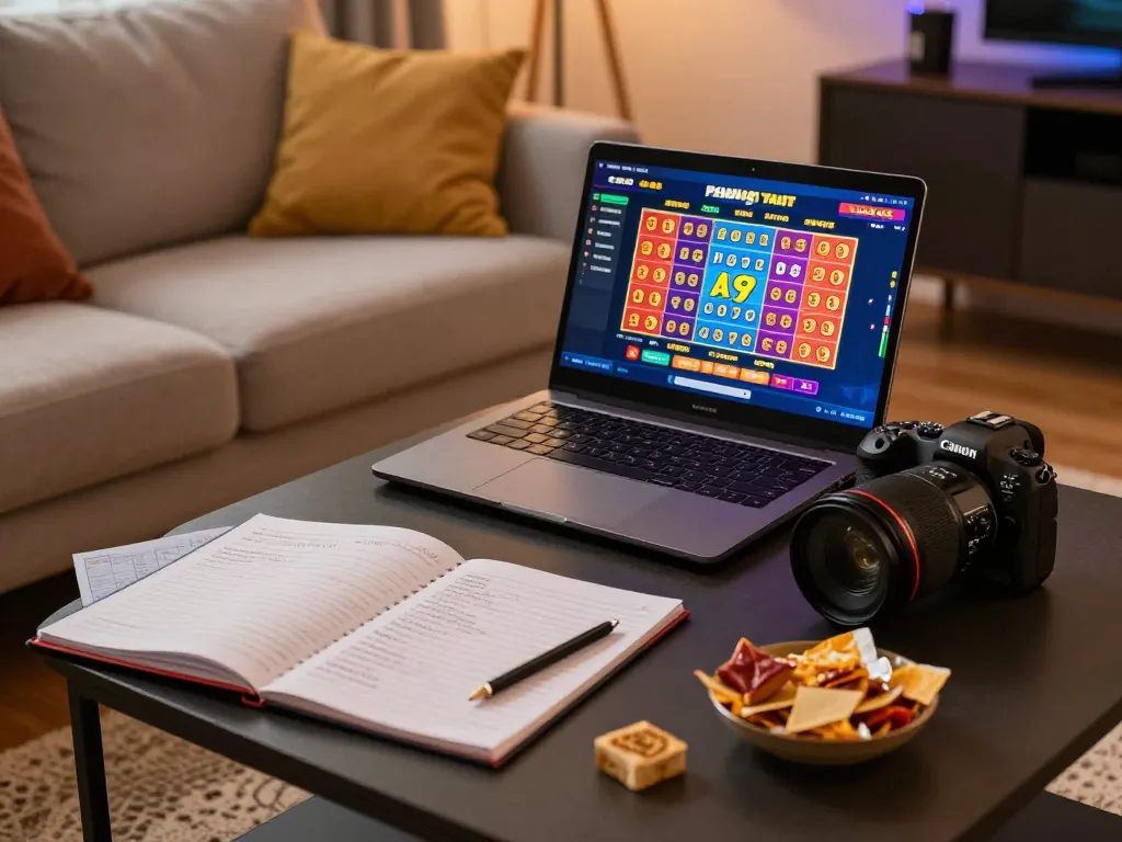 Engaging online toto slot game interface displayed on laptop at cozy home setup with snacks.