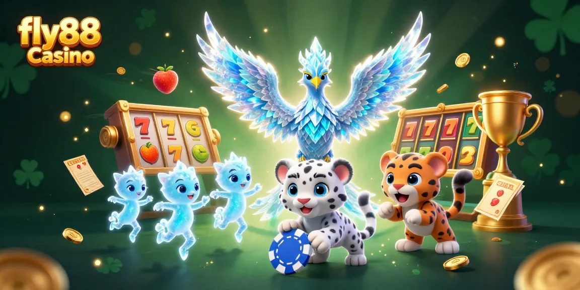 Experience the excitement of fly88 Casino featuring a magical scene with an ice phoenix and vibrant casino elements.