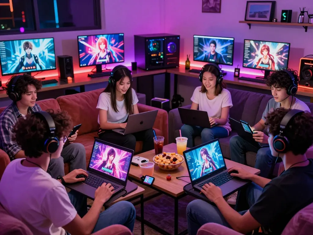 Engaged gamers exploring diverse porngames on devices in a colorful lounge.