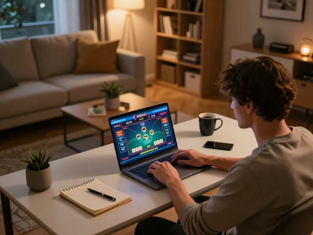 Engaging scene of user gaming on tg88 platform while managing bets responsibly from home office.