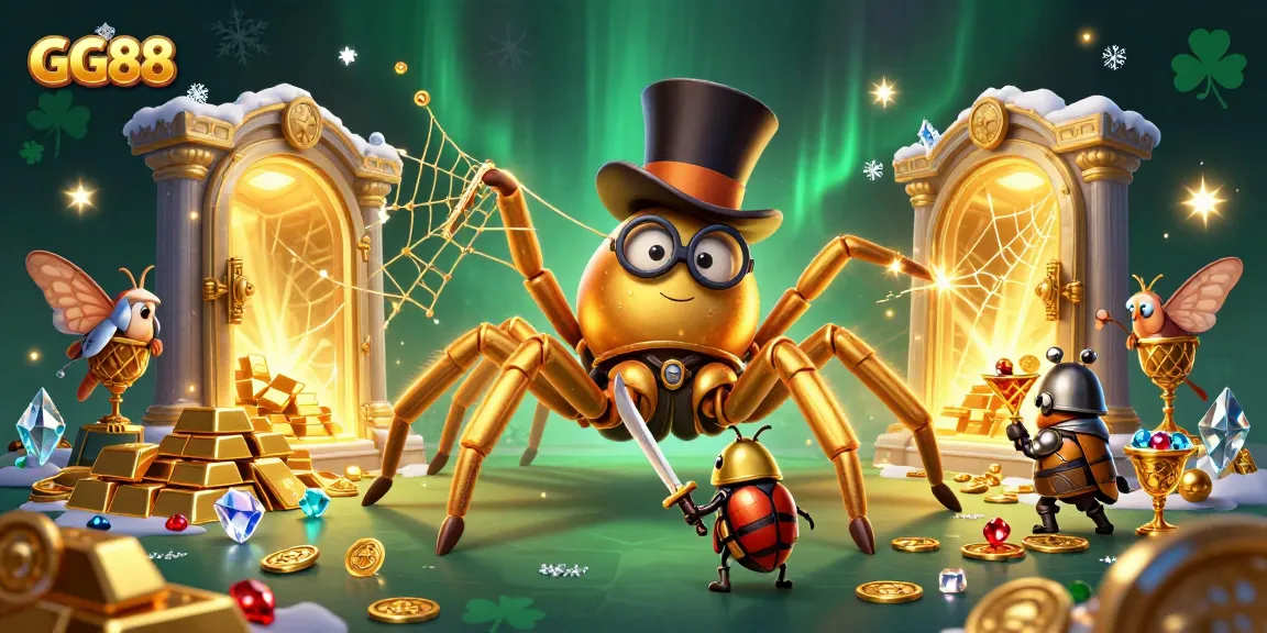 Engage in the mystique of GG88 with a vibrant 3D illustration of a golden tarantula weaving its web in a casino