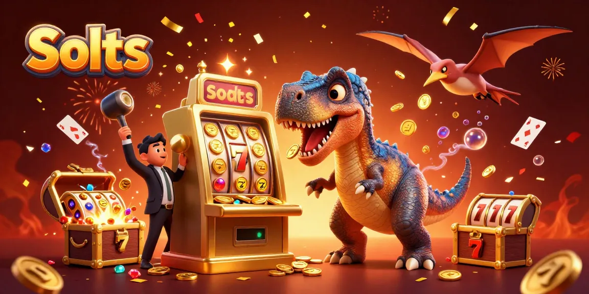 Slots jackpot scene with a cartoon dinosaur celebrating as coins fly from a slot machine.