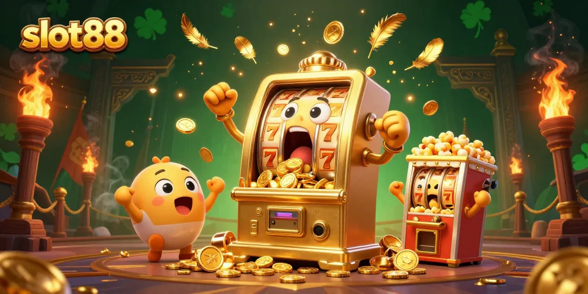 Slot88 menampilkan mesin slot emas yang terkejut dengan jackpot, dikelilingi koin dan elemen kemenangan.