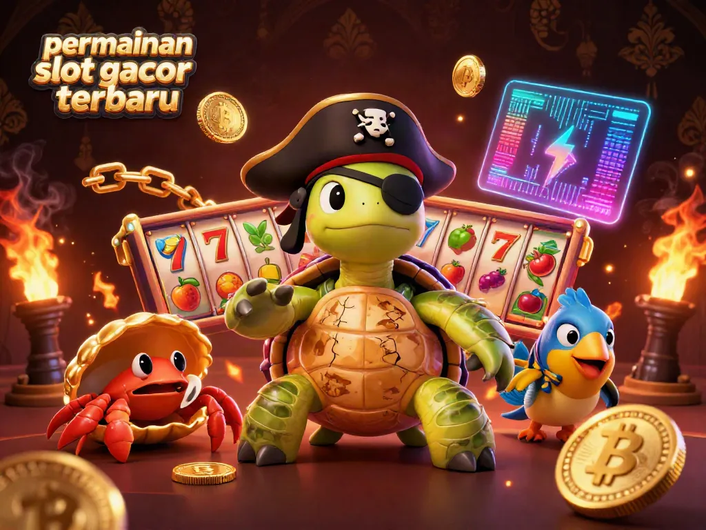 Permainan slot gacor terbaru dengan karakter kura-kura, kepiting, dan ikan, dikelilingi simbol slot yang menarik.