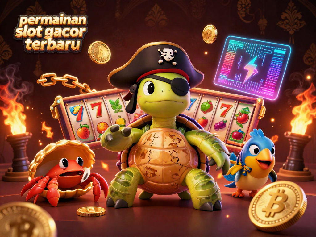 Permainan slot gacor terbaru dengan karakter kura-kura, kepiting, dan ikan, dikelilingi simbol slot yang menarik.