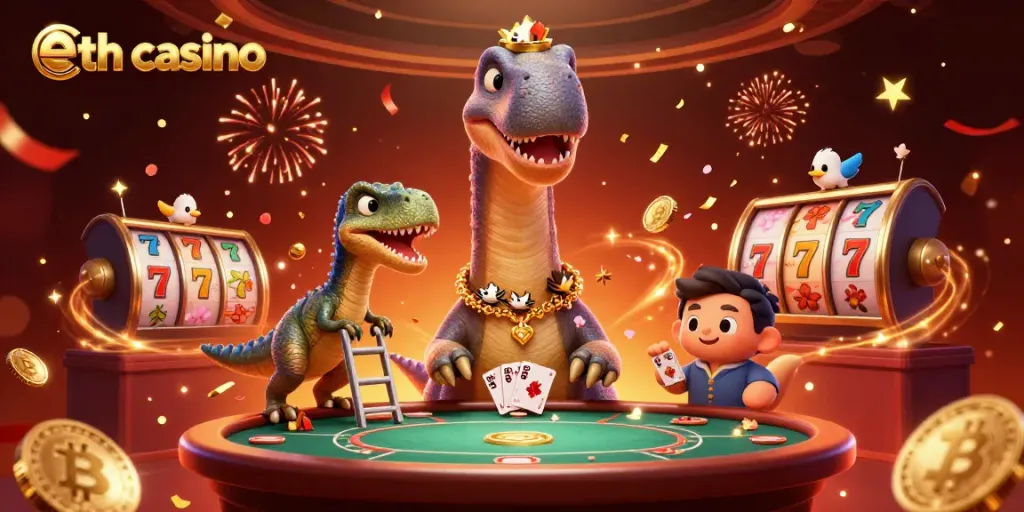 Celebrate wins at the eth casino with a vibrant scene of playful cartoon characters and blockchain symbols.