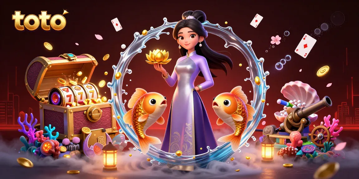 Toto slots showcase vibrant 3D illustration with golden koi fish and elegant woman immersed in gaming excitement.