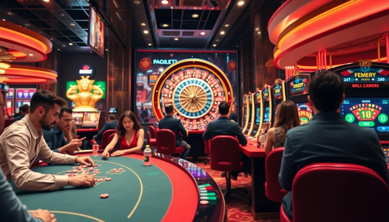 gamblers placing bets in an exciting scene at https://bem88i.com/ casino floor with vibrant lights and roulette wheel