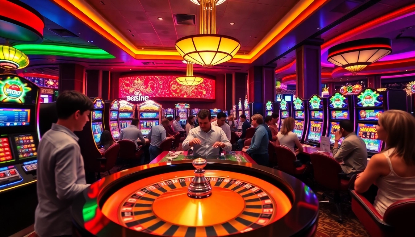 Experience the thrill of casino online gaming with vibrant slot machines and players excitedly engaging in games.