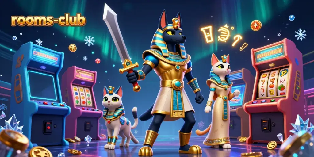 Gambarkan pengalaman bermain di rooms-club yang seru dengan Anubis dan Bastet!