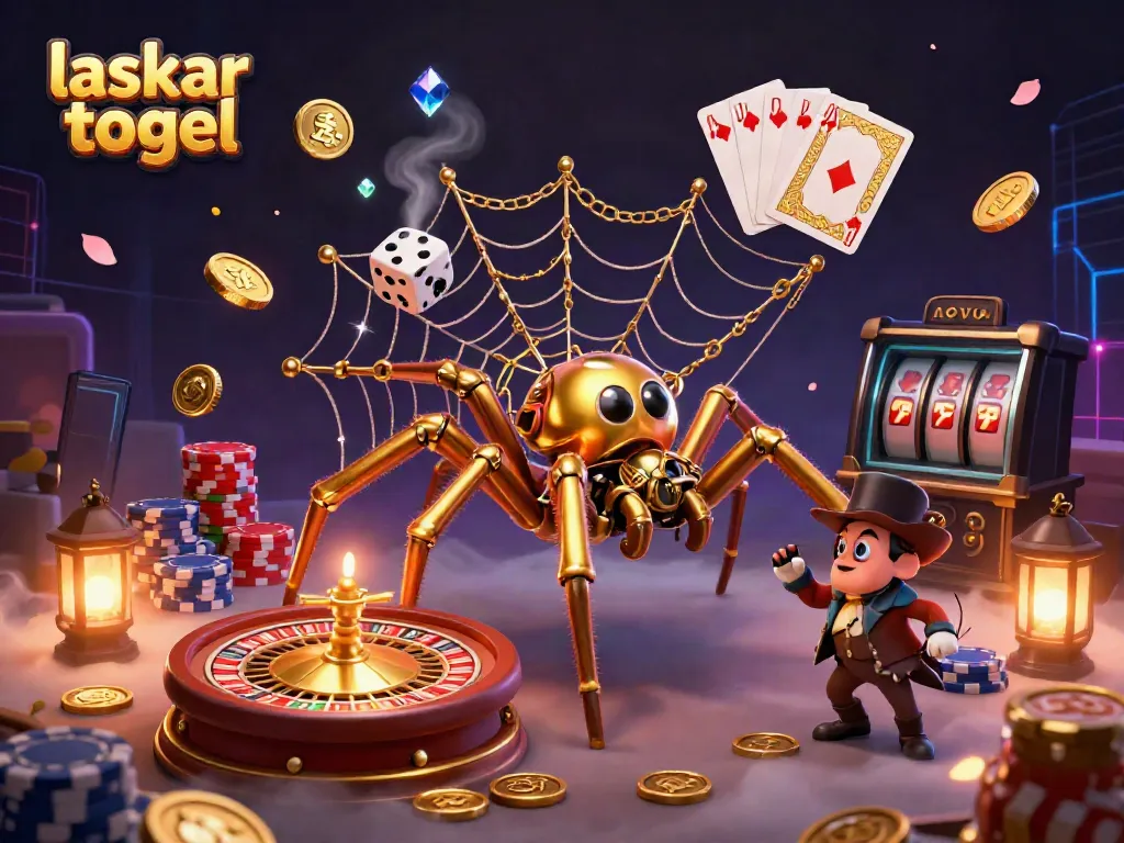 Experience thrilling moments with laskar togel, showcasing golden coins, poker chips, and a steampunk spider.