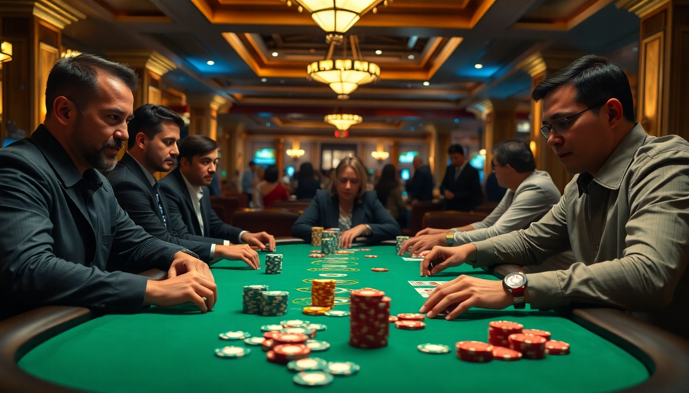 Experience a thrilling Poker Game as players strategize at a vibrant casino table.