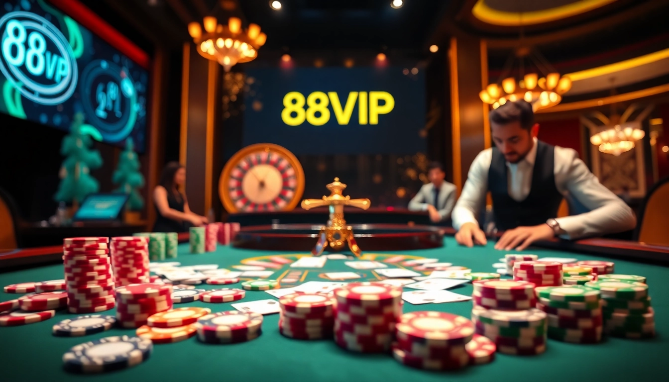 Experience the exhilarating environment at 68VIP casino with vibrant tables and glowing chips.
