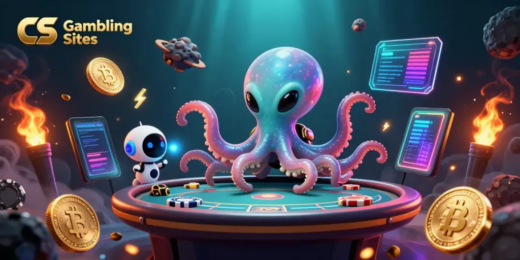 Experience thrilling CS Gambling Sites with an alien octopus and robot at a holographic poker table.