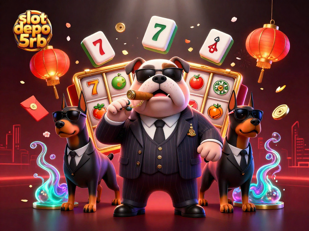 Spin the reels of slot depo 5rb with vibrant mafia-themed 3D digital illustration of a bulldog and Doberman bodyguards.