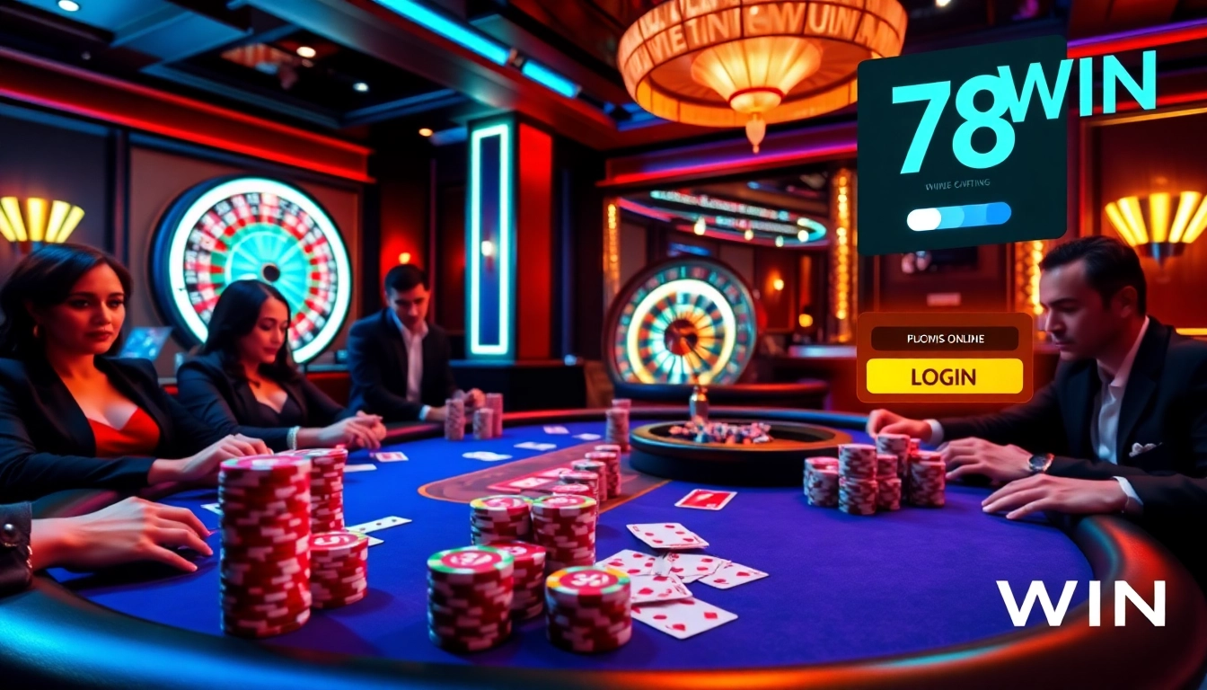 Experience the thrill of winning at 78WIN's luxurious poker table surrounded by vibrant casino elements.