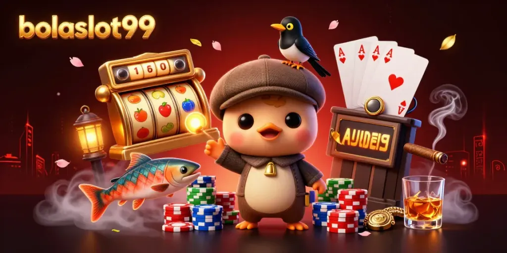Play exciting slots at bolaslot99 with Nessie and friends in a vibrant casino scene.