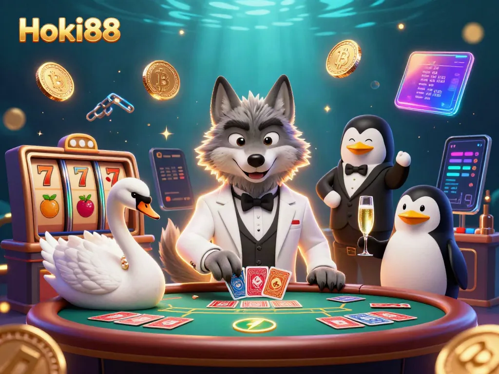 Permainan slot Hoki88 yang seru dengan karakter kartun dalam suasana kasino yang elegan.