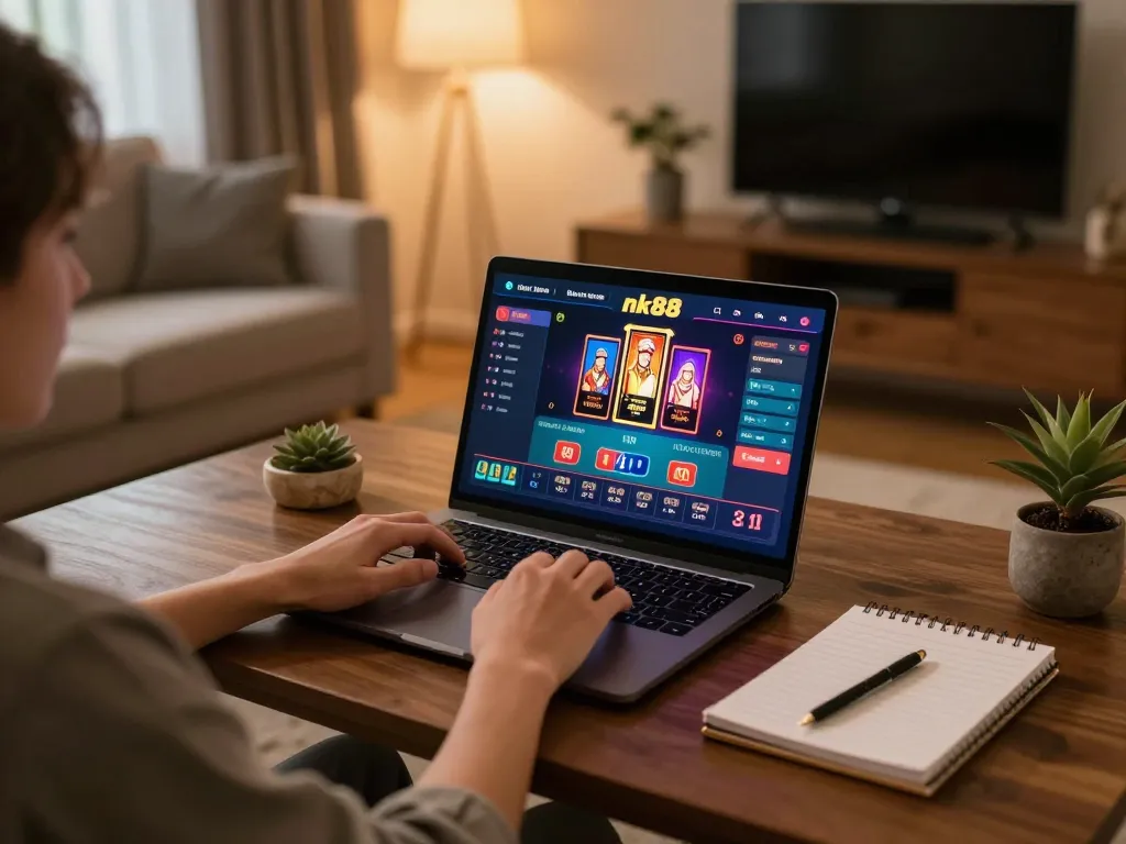 Engaging home gaming scene with a person playing nk88 casino on laptop and strategic notes